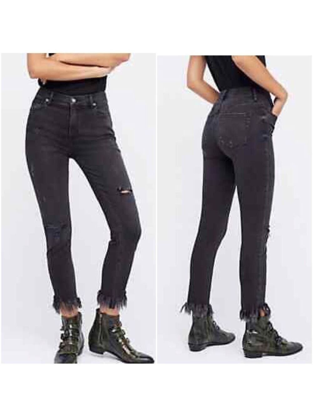 Free People Jeans Women’s Size 6/28 Black Crop skinny Jeans raw hem
